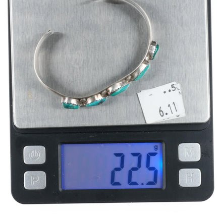 6.3" Don Platero Navajo turquoise row cuff bracelet stamped sterling silver side - Estate Fresh Austin