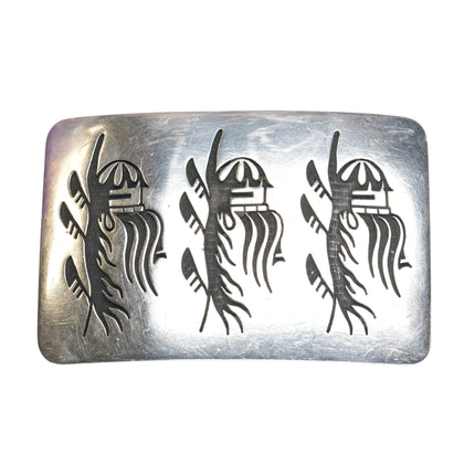 Pat Tewawina Hopi Sterling silver belt buckle Long Haired Kachina overlay - Estate Fresh Austin