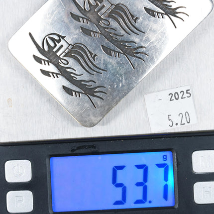 Pat Tewawina Hopi Sterling silver belt buckle Long Haired Kachina overlay - Estate Fresh Austin