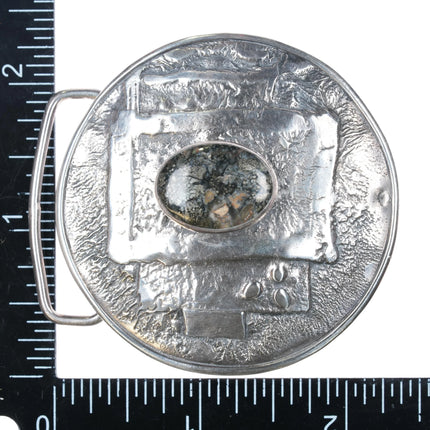 Modernist sterling silver round belt buckle w/center pyritized cabochon - Estate Fresh Austin