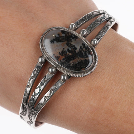 7" 30's-40's Navajo petrified wood stamped sterling silver cuff bracelet - Estate Fresh Austin