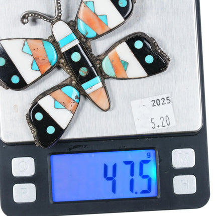 Huge 1940's Leo Poblano Zuni multi-stone inlay butterfly pin sterling silver - Estate Fresh Austin