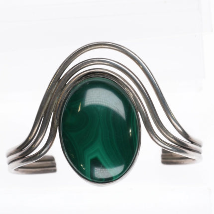 6" Retro triple wire Modernist sterling silver malachite cuff bracelet - Estate Fresh Austin