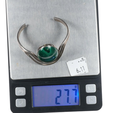 6" Retro triple wire Modernist sterling silver malachite cuff bracelet - Estate Fresh Austin