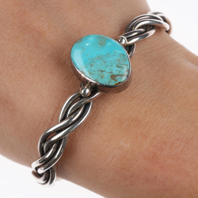 6.3" Spencer Navajo sterling silver twisted wire cuff bracelet with turquoise - Estate Fresh Austin