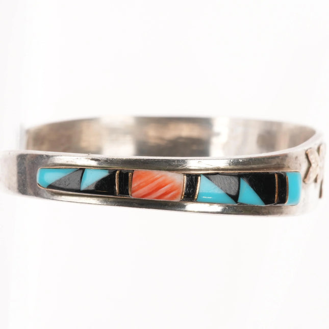 6.25" Retro K Navajo sterling silver Kokopelli intarsia inlay cuff bracelet - Estate Fresh Austin