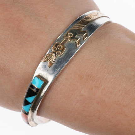 6.25" Retro K Navajo sterling silver Kokopelli intarsia inlay cuff bracelet - Estate Fresh Austin