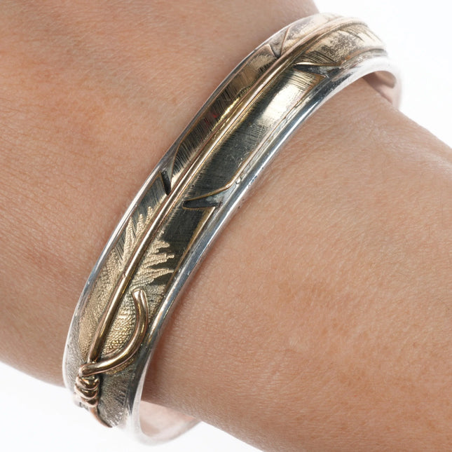 6.75" Lee Bennett Navajo sterling silver gold filled feather cuff bracelet - Estate Fresh Austin