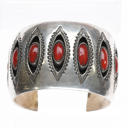 7.1"AJ Singer Navajo sterling silver Mediterranean coral shadowbox cuff bracelet - Estate Fresh Austin