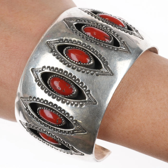 7.1"AJ Singer Navajo sterling silver Mediterranean coral shadowbox cuff bracelet - Estate Fresh Austin