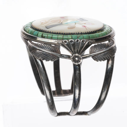 6.25" 60's-70's Zuni sterling silver Bird inlay Turquoise Heishi cuff bracelet - Estate Fresh Austin