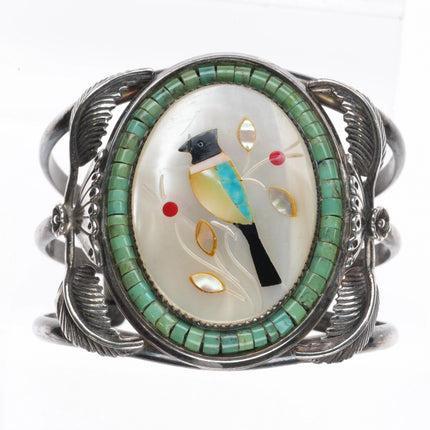 6.25" 60's-70's Zuni sterling silver Bird inlay Turquoise Heishi cuff bracelet - Estate Fresh Austin