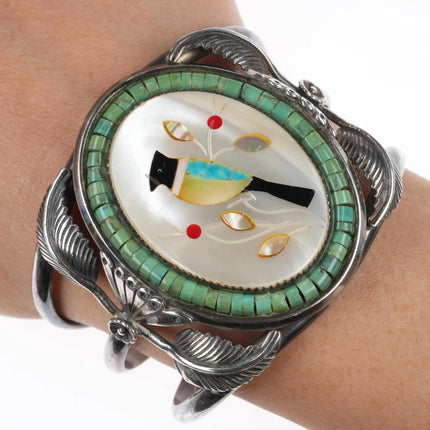 6.25" 60's-70's Zuni sterling silver Bird inlay Turquoise Heishi cuff bracelet - Estate Fresh Austin