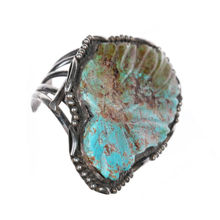 6.8" Huge 60's-70's Navajo sterling silver carved Turquoise leaf cuff bracelet - Estate Fresh Austin