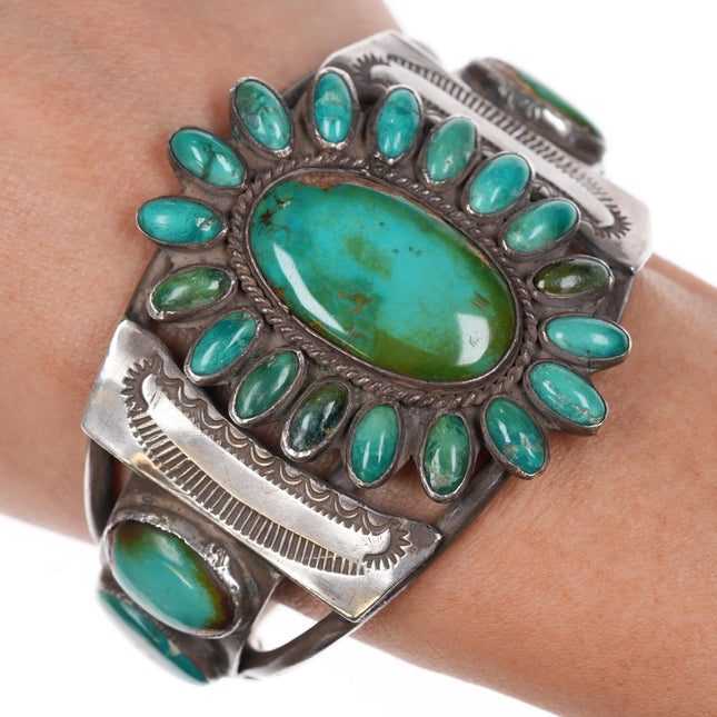 6.3" 30's-40's Navajo Royston Turquoise sterling silver cluster cuff bracelet - Estate Fresh Austin