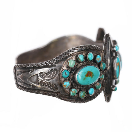 7" 20's-30's Butterfly stamped Navajo turquoise cuff bracelet sterling silver - Estate Fresh Austin