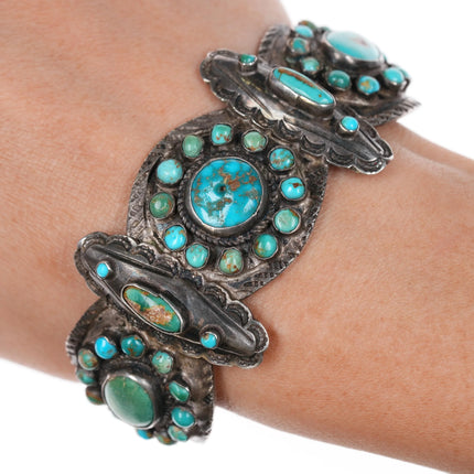 7" 20's-30's Butterfly stamped Navajo turquoise cuff bracelet sterling silver - Estate Fresh Austin
