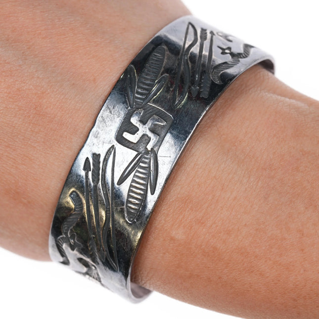 6.35" c1930 Navajo Whirling logs thunderbird arrow sterling silver cuff bracelet - Estate Fresh Austin