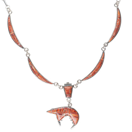 Southwestern sterling silver spiny oyster channel inlay bear pendant/necklace - Estate Fresh Austin