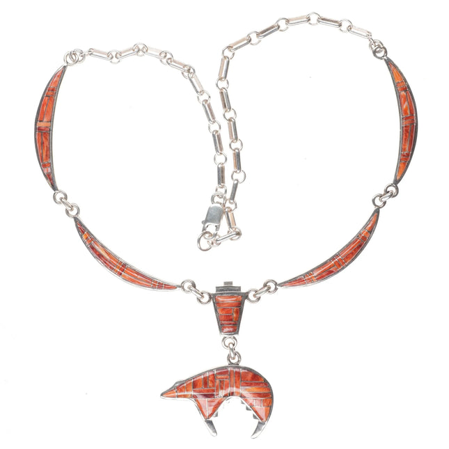 Southwestern sterling silver spiny oyster channel inlay bear pendant/necklace - Estate Fresh Austin