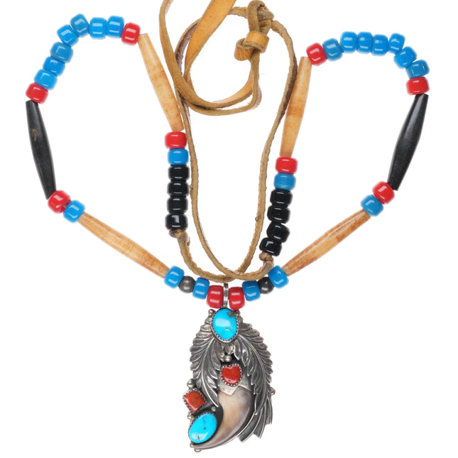 70's-80's M Navajo sterling turquoise coral pendant on antler beaded necklace - Estate Fresh Austin