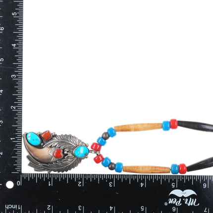 70's-80's M Navajo sterling turquoise coral pendant on antler beaded necklace - Estate Fresh Austin