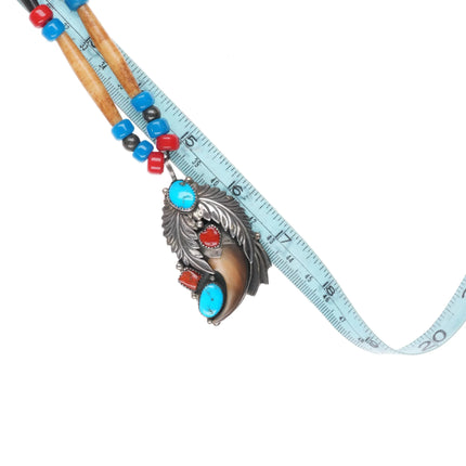 70's-80's M Navajo sterling turquoise coral pendant on antler beaded necklace - Estate Fresh Austin