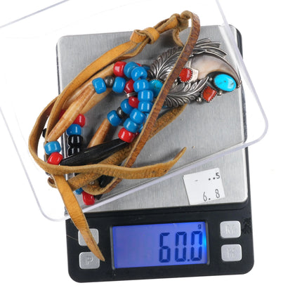 70's-80's M Navajo sterling turquoise coral pendant on antler beaded necklace - Estate Fresh Austin