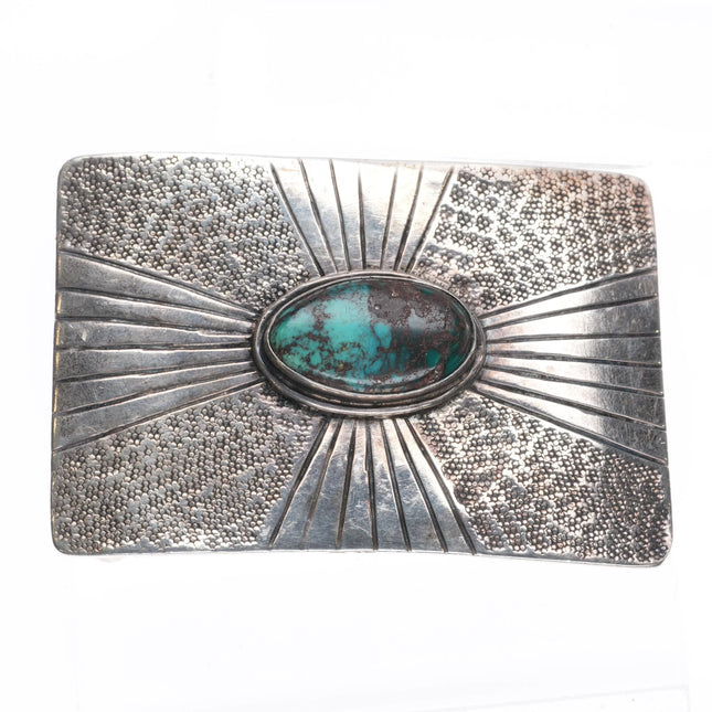 Vintage Southwestern hand stamped sterling silver belt buckle w/ nice turquoise - Estate Fresh Austin