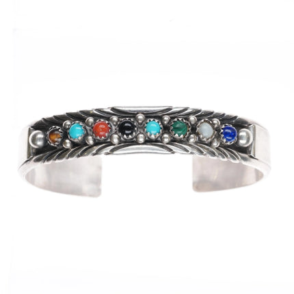 6.25" MJ Navajo sterling silver multi-stone row cuff bracelet stacker - Estate Fresh Austin