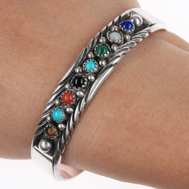 6.25" MJ Navajo sterling silver multi-stone row cuff bracelet stacker - Estate Fresh Austin