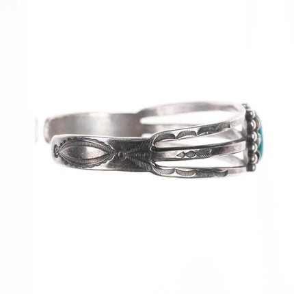 6" 30's-40's Navajo sterling silver hand stamped cuff bracelet center turquoise - Estate Fresh Austin