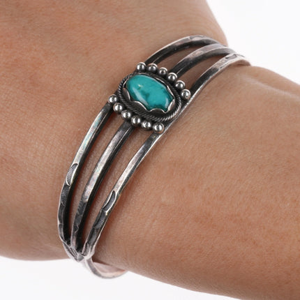 6" 30's-40's Navajo sterling silver hand stamped cuff bracelet center turquoise - Estate Fresh Austin