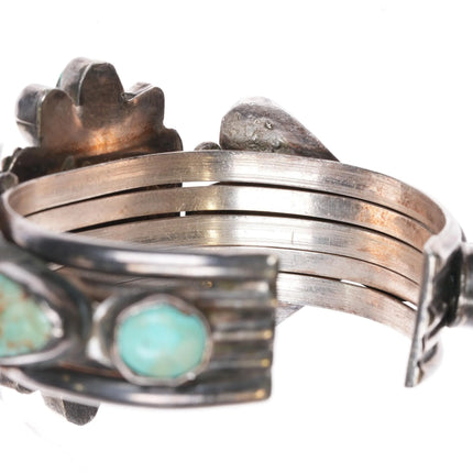 6.1" 40's-50's Navajo turquoise cluster cuff bracelet side stone sterling silver - Estate Fresh Austin