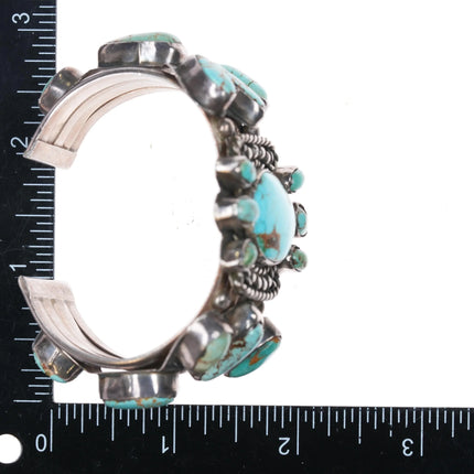 6.1" 40's-50's Navajo turquoise cluster cuff bracelet side stone sterling silver - Estate Fresh Austin