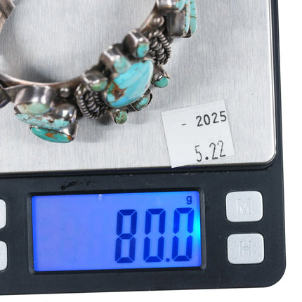 6.1" 40's-50's Navajo turquoise cluster cuff bracelet side stone sterling silver - Estate Fresh Austin