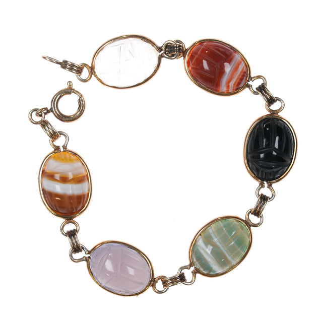 7" vintage 12k gold filled carved stone scarab egyptian revival link bracelet - Estate Fresh Austin