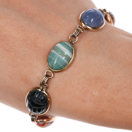 7" vintage 12k gold filled carved stone scarab egyptian revival link bracelet - Estate Fresh Austin