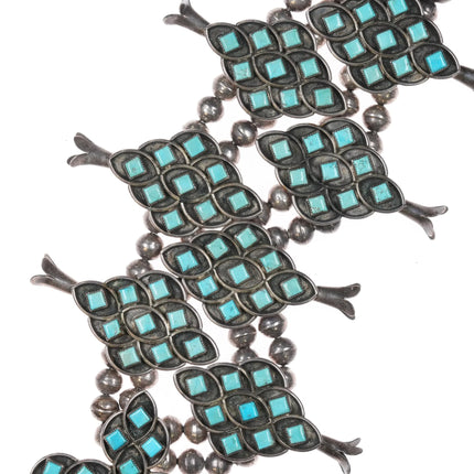 c1950 Zuni square cut turquoise cluster squash blossom necklace sterling silver - Estate Fresh Austin