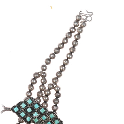 c1950 Zuni square cut turquoise cluster squash blossom necklace sterling silver - Estate Fresh Austin