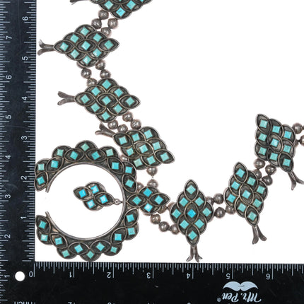 c1950 Zuni square cut turquoise cluster squash blossom necklace sterling silver - Estate Fresh Austin