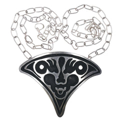 Vintage sterling silver scary monster face pendant necklace oxidized background - Estate Fresh Austin