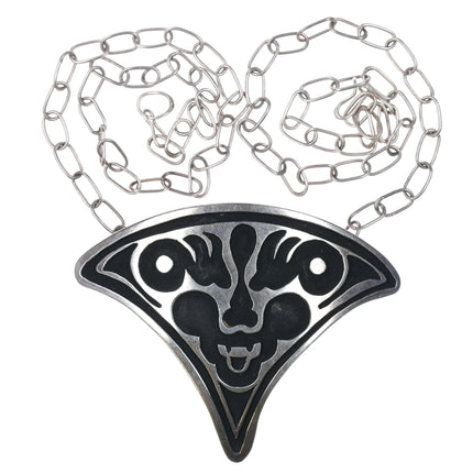 Vintage sterling silver scary monster face pendant necklace oxidized background - Estate Fresh Austin