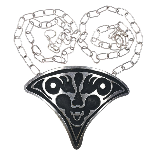 Vintage sterling silver scary monster face pendant necklace oxidized background - Estate Fresh Austin