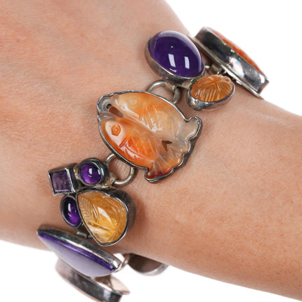 6.6" Sugilite, Carved Agate, Amethyst Echo of the Dreamer sterling link bracelet - Estate Fresh Austin