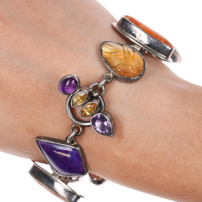 6.6" Sugilite, Carved Agate, Amethyst Echo of the Dreamer sterling link bracelet - Estate Fresh Austin