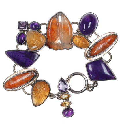 6.6" Sugilite, Carved Agate, Amethyst Echo of the Dreamer sterling link bracelet - Estate Fresh Austin