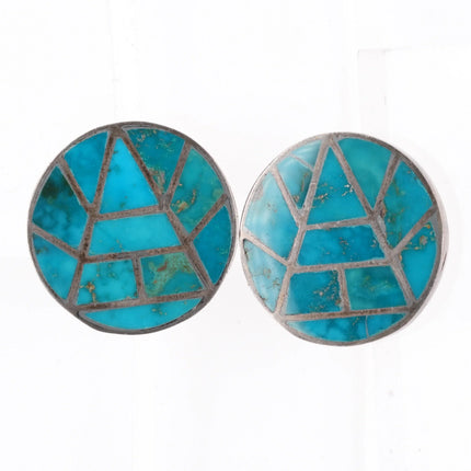 c1950 Zuni Blue Gem Turquoise flush inlay sterling silver screw back earrings - Estate Fresh Austin