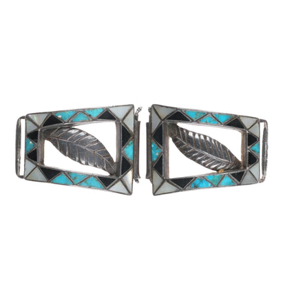 Unusual c1950's Zuni channel inlay turquoise/shell/jet sterling silver watch tip - Estate Fresh Austin