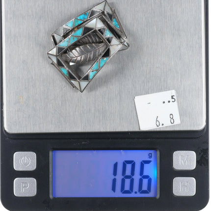 Unusual c1950's Zuni channel inlay turquoise/shell/jet sterling silver watch tip - Estate Fresh Austin